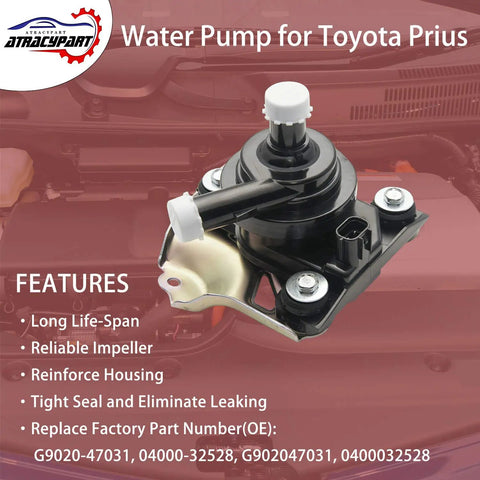 Premium Inverter Coolant Water Pump With Bracket For Toyota Prius Hybrid 2004 To 2009 1.5L, showing black housing and fittings.