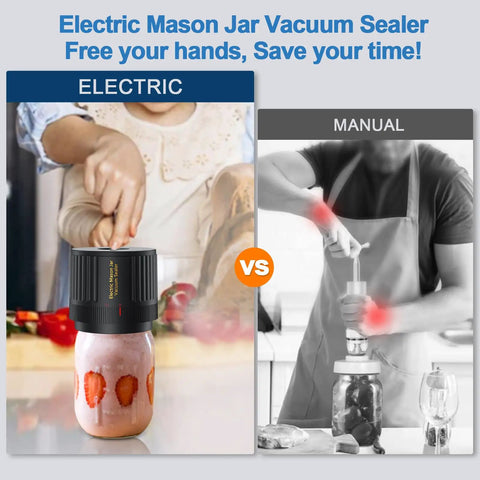 Comparison of Electric Mason Jar Vacuum Sealer Kit versus manual sealer, highlighting dual mouth seals and easy fit red arrow alignment.