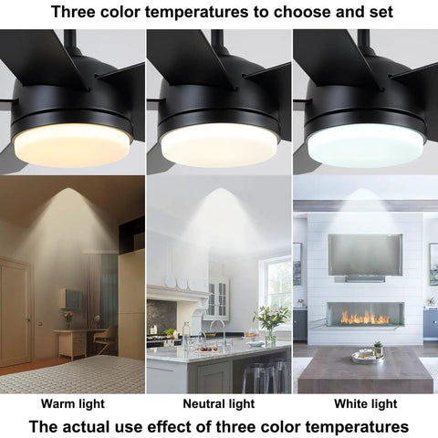 52 Inch Black Ceiling Fan With Light And Remote, Ultra Quiet DC Motor, Dimmable 3CCT LED showing warm, neutral, white light