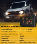 Beefy Six Gang Switch Panel With Electronic Relays For DC12V Systems, 60A Max, shown with control box and vehicle in background.