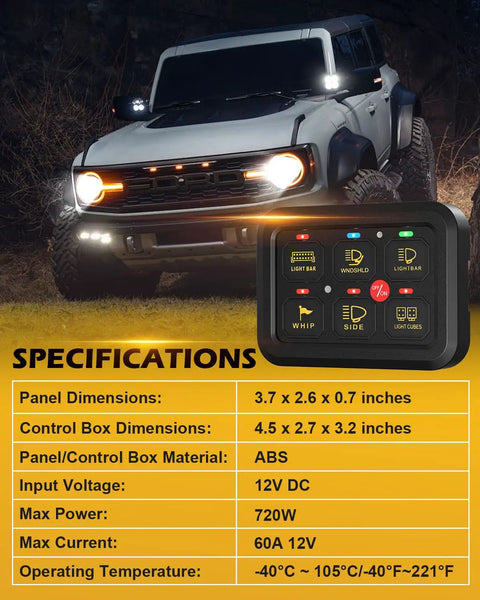 Beefy Six Gang Switch Panel With Electronic Relays For DC12V Systems, 60A Max, shown with control box and vehicle in background.
