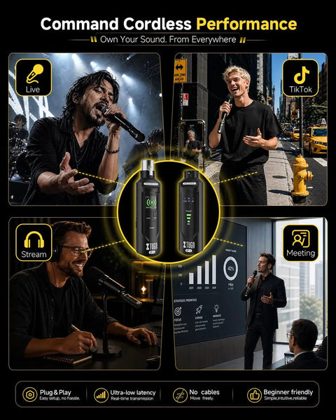 Collage of performers using 2.4GHz Wireless XLR Transmitter And Receiver Set For Live Shows And Studio Use, Plug And Play For Stage Performances, PA Systems, And Churches