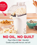Fast 3 Minute Oil Free Hot Air Popcorn Maker 16 Cup Capacity Electric Popper Machine Crisp white popcorn maker in kitchen.
