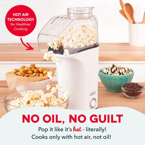 Fast 3 Minute Oil Free Hot Air Popcorn Maker 16 Cup Capacity Electric Popper Machine Crisp white popcorn maker in kitchen.