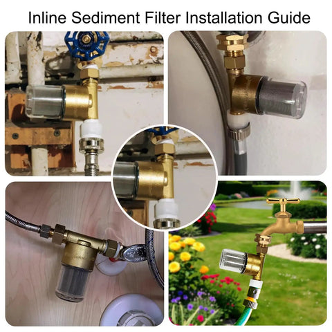 Installation of Brass Inline Sediment Filter For Washing Machines, Showers, And Wells, Reusable 40 Micron Water Filter