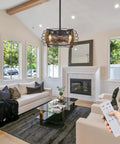 Living room with Caged Wood Farmhouse Ceiling Fan With Light And Remote Control Flush Mount Industrial Style above modern decor.
