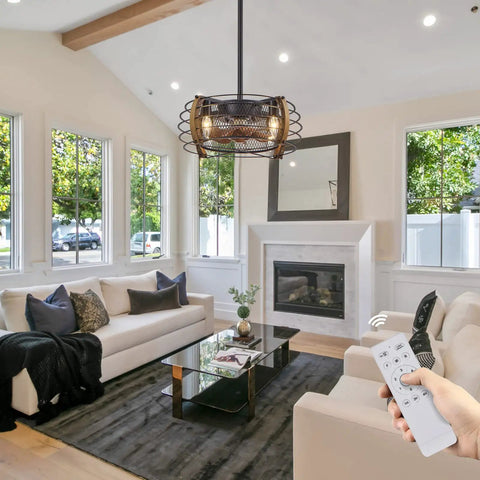 Living room with Caged Wood Farmhouse Ceiling Fan With Light And Remote Control Flush Mount Industrial Style above modern decor.