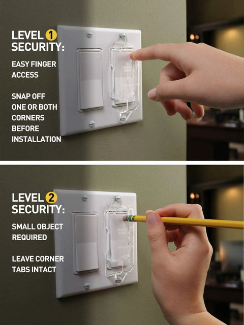Image showing installation of Clear Rocker Style Light Switch Guards 25 Pack For Home And Office Child Safety Covers with dual level security.