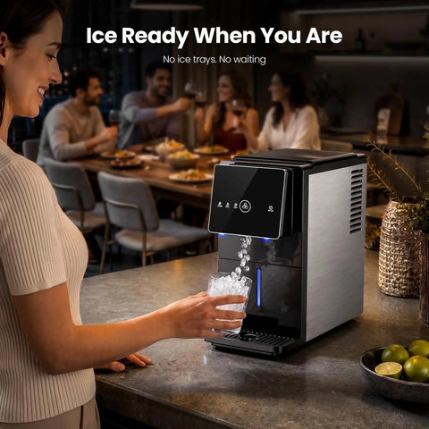 Smooth Crew Countertop Nugget Ice Maker With Tap On Dispenser dispensing chewable ice into a glass, shown on a kitchen countertop.