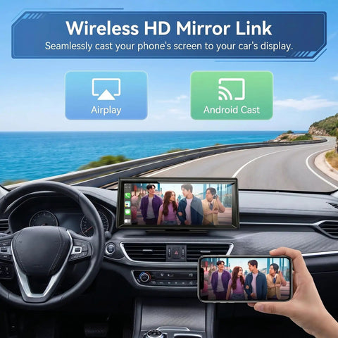 8.1 Inch Wireless CarPlay Dash Screen with Apple CarPlay and Android Auto displaying a video, showing Airplay and Android Cast icons