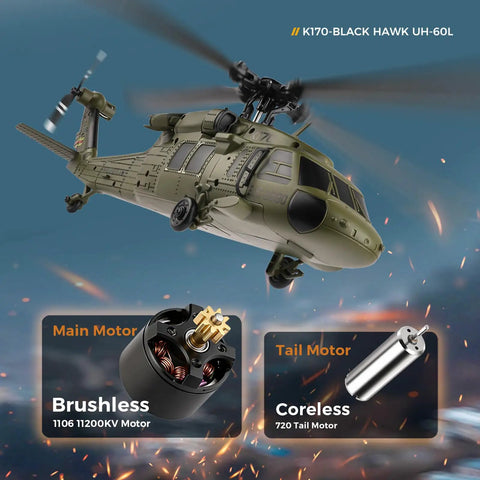 UH60L Black Hawk RC Helicopter With Brushless Main Motor 4CH Remote Control flying with visible motor details