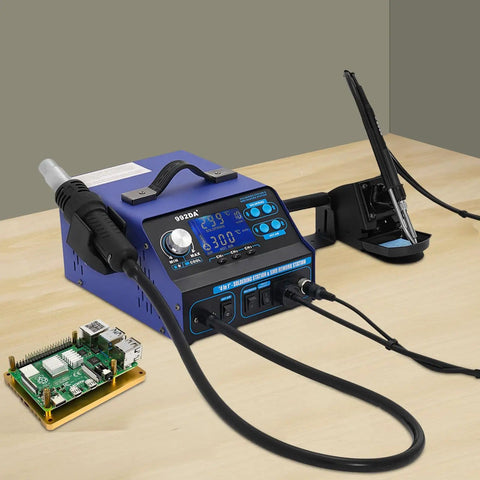 780W Soldering And Desoldering Station Kit With Hot Air Gun, LCD Display, Smoke Absorber, PID Control on table, PCB nearby