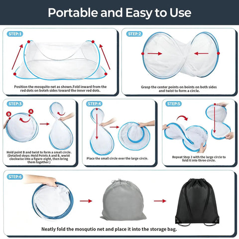 Instructions for folding the Pop Up Mosquito Net Bed Tent With Head Net And Drawstring Backpack, step-by-step with images.