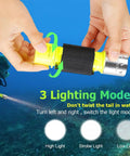 Close-up of Two Pack Underwater LED Flashlights for Diving showing three lighting modes with IPX8 waterproof rating.