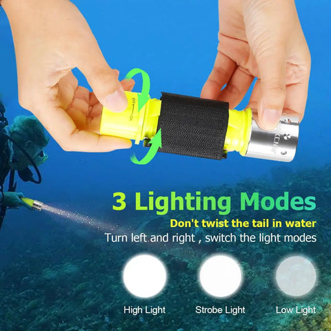 Close-up of Two Pack Underwater LED Flashlights for Diving showing three lighting modes with IPX8 waterproof rating.