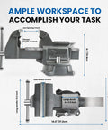 8 Inch Heavy Duty Bench Vise With Anvil And 190 Degree Swivel Base, diagram showing dimensions and ductile iron build