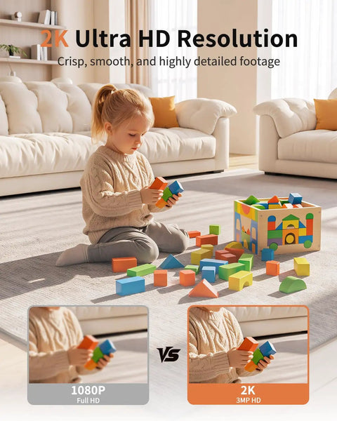 Child playing with colorful blocks in living room showcasing Indoor Outdoor 2K Security Camera With 5G And 2.4G WiFi capabilities.