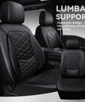 All Black Premium Nappa Leather Front Seat Covers With 3D Foam Waterproof And Breathable Lumbar Support Airbag Compatible Universal Fit For Sedan SUV Van Truck featuring diamond pattern and ergonomic design in car interior.