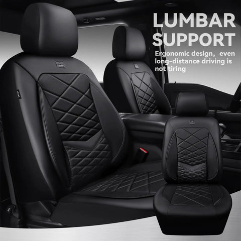 All Black Premium Nappa Leather Front Seat Covers With 3D Foam Waterproof And Breathable Lumbar Support Airbag Compatible Universal Fit For Sedan SUV Van Truck featuring diamond pattern and ergonomic design in car interior.