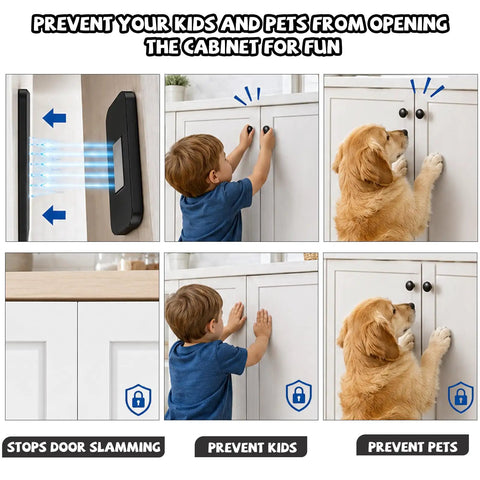 Ultra Thin Magnetic Cabinet Magnets stop child and pet from opening white cabinet doors.