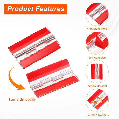 Premium Top Shelf Heavy Duty Invisible Acrylic Hinges With Rust Proof Stainless Steel Shaft Self Adhesive Continuous Piano Hinge Three Pack For Diy Kitchen Cabinets, showing red acrylic hinges with metal poles.