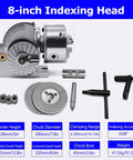 Rock Solid Universal Indexing Head For Rotary Table Featuring Precision Milling Three Jaw Chuck With Smooth Vertical And Horizontal Operation Dead Nuts Accurate Angle Adjustment Up To Ninety Degrees Eight Inch Kit showing components and specifications.