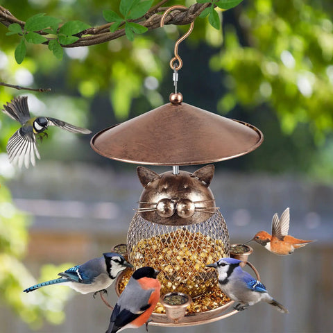Squirrel Proof Metal Cat Shaped Bird Feeder For Outdoor Garden Yard Hanging Decor with birds feeding on seeds