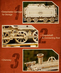 1:18 Scale Steam Train Model With Carriage 3D Wooden Puzzle For Adults DIY Mechanical Vehicle Kit close-up of detachable carriage and wheels