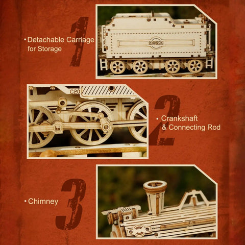 1:18 Scale Steam Train Model With Carriage 3D Wooden Puzzle For Adults DIY Mechanical Vehicle Kit close-up of detachable carriage and wheels