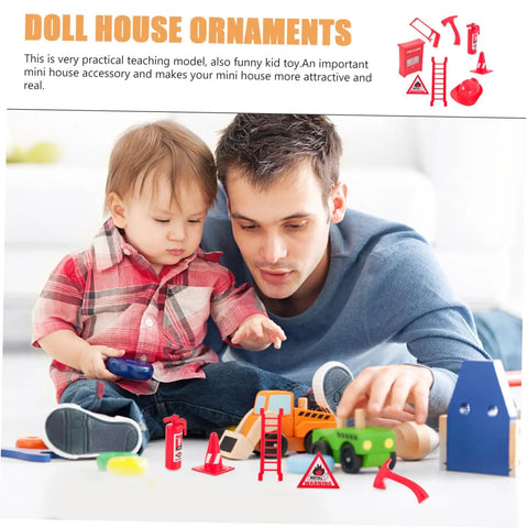 Father and child playing with Eight Piece Realistic Fire Extinguisher Dollhouse Accessories For Creative Play And Educational Firefighting Scenes Lightweight Mini Firefighter Decor Great Gift For Kids And Hobbyists, featuring mini ladders and extinguishers.