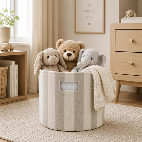 Slick Striped Woven Storage Basket With Beige And White Accents holds stuffed animals and blanket in a kid's room.