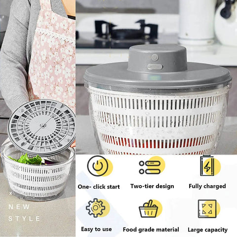 Massive 4L Electric Salad Spinner With Wireless Usb Charging Heavy Duty Veggie Dryer And Roomy Lettuce Bowl Tough As Nails Build on a countertop with greens inside.