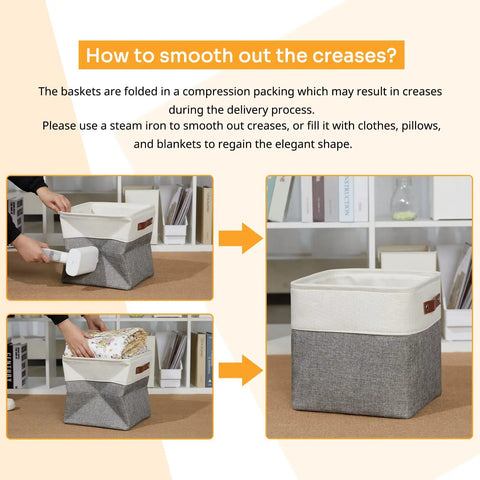 Steps to remove creases from 11 Inch Cube Storage Bins Set Of 4 With PU Leather Handles, High Capacity Fabric Baskets.