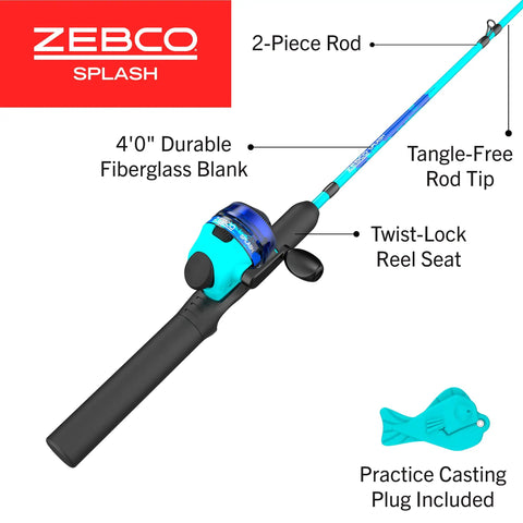 Kids Splash Jr Spincast Reel And Rod Combo Four Foot Two Piece Rod Size Twenty Reel With Right Hand Retrieve Pre Spooled