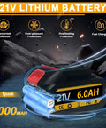 21V 6.0Ah lithium battery pack designed for heavy duty cordless impact wrench use with fast charging feature.