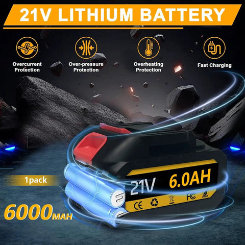 21V 6.0Ah lithium battery pack designed for heavy duty cordless impact wrench use with fast charging feature.