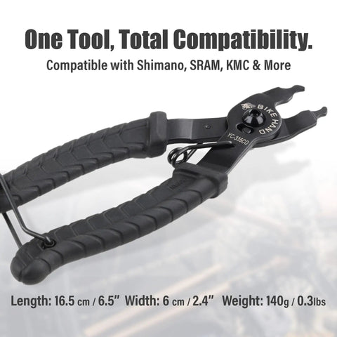 Black rubber grip Bike Chain Master Link Pliers 2 In 1 Tool For Easy No Sweat Quick Link Removal And Replacement Compatible With Shimano Sram KMC Chains All Brands MTB Road Use Everyday, 16.5 cm length.