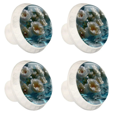 4 Pack Water Floral Cabinet Knobs 1.37 Inch Round White Drawer Pulls with water lily design for home upgrade