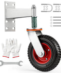 Built Tough Eight Inch Heavy Duty Fence Gate Wheels Featuring Spring Loaded Pivoting Rollers And Premium Double Ball Bearings For Smooth Rural Ranch Property Movements with spring loaded roller and bracket.