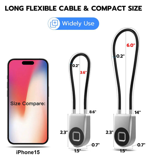 Comparison of two Fingerprint Cable Lock With Biometric Unlock 3.6 Inch Shackle Keyless Bluetooth Smart Padlocks next to an iPhone 15.
