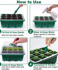 How to use Seed Starter Tray Kit With Humidity Domes, 12 Pack 144 Cell Seedling Trays with watering and soil steps shown.
