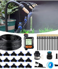 All-In-One Automatic Drip Irrigation Kit With 66Ft Tubing, 15 360-Degree Droppers, connectors, timer, hose, and fittings.