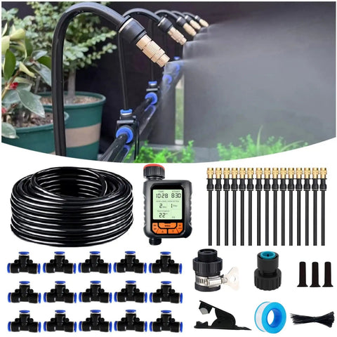 All-In-One Automatic Drip Irrigation Kit With 66Ft Tubing, 15 360-Degree Droppers, connectors, timer, hose, and fittings.
