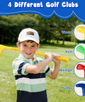Totally Awesome Toddler Golf Set With Sturdy Rolling Cart Includes Four Beginner Clubs And Bright Durable Balls Perfect For Tiny Pros Ages Three To Five Epic Backyard Play Time, boy holding yellow wood club.
