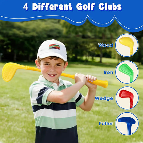 Totally Awesome Toddler Golf Set With Sturdy Rolling Cart Includes Four Beginner Clubs And Bright Durable Balls Perfect For Tiny Pros Ages Three To Five Epic Backyard Play Time, boy holding yellow wood club.