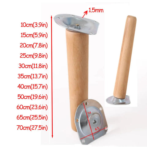 Angled Solid Wood Furniture Legs 4 Pack Beech Wood Table Feet Replacement with sizes and mounting plates visible