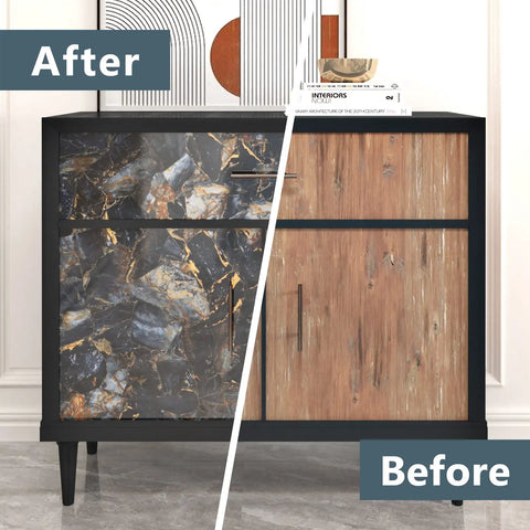 Comparison of a cabinet with and without DIY Friendly Peel And Stick Marble Black Countertop Vinyl Waterproof Self Adhesive