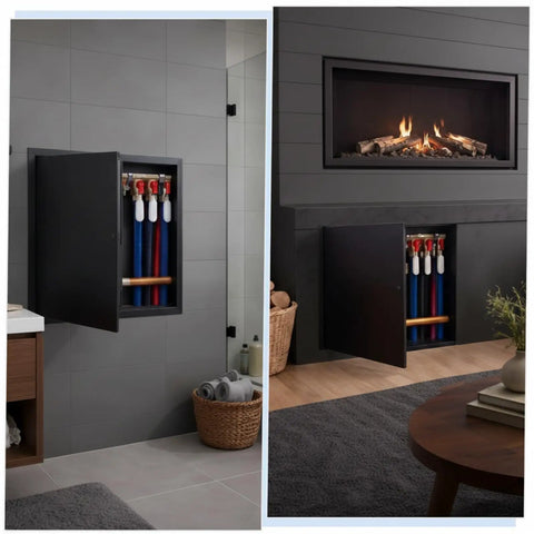 Heavy Duty Aluminum Access Panel For Drywall With Hinged Black Finish 12 By 12 Inch installed for plumbing access in modern interiors.