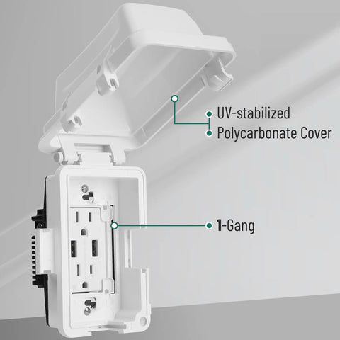 Outdoor Weatherproof 1 Gang Electrical Outlet Cover Plug In 120V AC Durable White Plastic Built Tough All Weather Protection