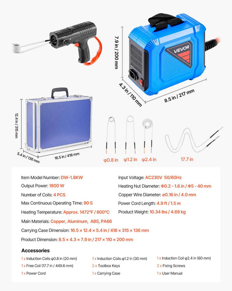 High Output 1800W Magnetic Induction Bolt Heater Kit With Four Swappable Coils for rusted nuts, includes coils and case.